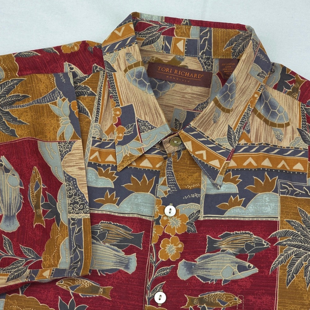 Tori Richard Shirt Mens L Red Gold Cotton Lawn Sea Turtle Fish Hawaii Aloha